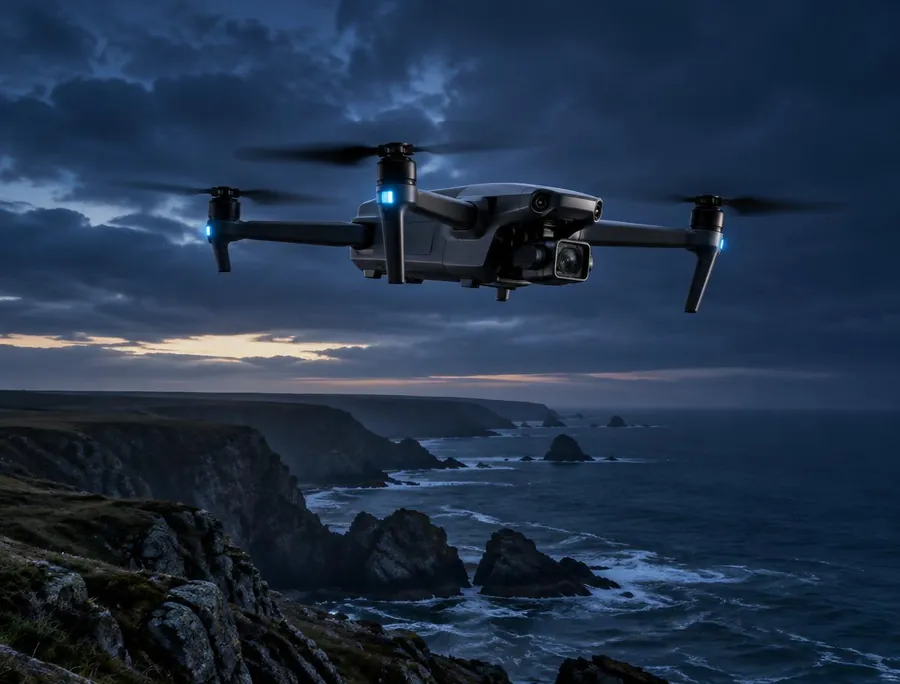 Professional commercial drone flying alone above the Pembrokeshire coast
