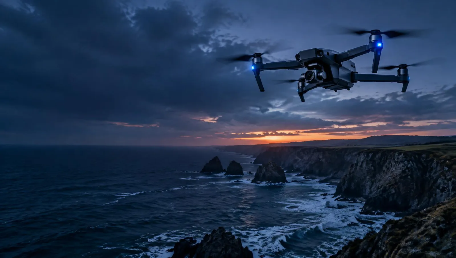 Professional commercial drone flying above the Pembrokeshire coastline