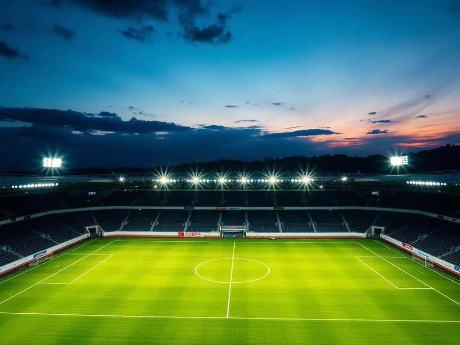 Aerial view of a floodlit football stadium at dusk